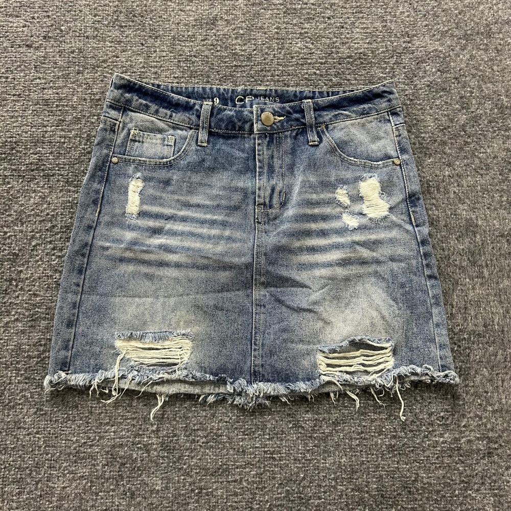CP Jeans Skirt Womens Size 9 Blue Distressed Denim Raw Hem Mini Casual Cool Girl